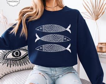 Minimalistisk kustsardintröja, fiskarestetisk mysig tröja, söt fisk nautisk rund hals, kläder med salt havsliv, överdimensionerad