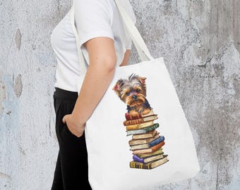 Book Dog Lover Cute Yorkie Tote Bag, Gift for animal lovers, Bookworm Book Bag, Pet Owner Accessory, Literary Tote, Bookish Librarian Gift