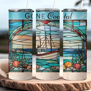 Coastal Vibes Skinny Tumbler with Straw, Beach Lover Gift, Nautical Drinkware, Summer Travel Accessory, Ocean Beach Cup,fisherman aesthetic