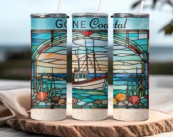 Vaso estrecho Coastal Vibes con pajita, regalo para amantes de la playa, artículos náuticos, accesorio de viaje de verano, taza de playa oceánica, estética de pescador