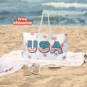 Large USA Patriotic Stars and Stripes Weekender Tote Bag, Beach ,Vacation Overnight Tote, Girls&#39; Trip, Summer Pool Bag, Reusable Book Bag