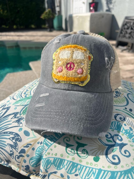 Boho Chenille Patch Ponytail Distressed Trucker Hat,  Distressed Vintage Cap Messy High Bun Washed Baseball Cap, Custom retro distressed cap