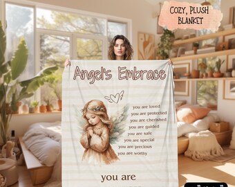 Angel's Embrace Plush Velveteen Blanket, Inspirational Self Care Throw, Cozy Home Decor Gift, Daily Affirmations, Guardian Angel Self Love