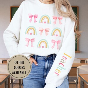 Coquette Pink Bows Cute Teacher Unisex Crewneck Sweatshirt,Teach pullover, Teacher Era Substitute Teacher apparel, Teacher appreciation Gift