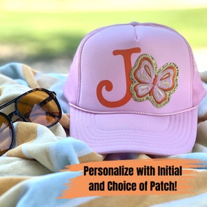 Boho Style Custom Initial Otto Trucker Hat with choice of Chenille Patch, Retro Hippie Foam Snapback, Chenille Hat Patch, Bachelorette hat
