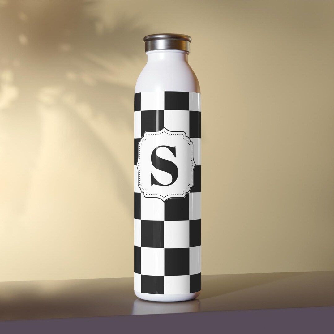 Stylish Slim Water Bottle With Monogrammed Checkered Design ...
