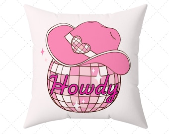 Howdy Disco Cowgirl Room Decor Throw Pillow, Pink Cowgirl Hat, Disco Ball, Dorm Room Essentials, Room decor for girls,  Preppy Dorm Bedding