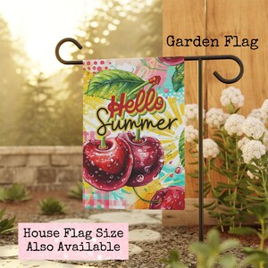Hello Summer Cherries Garden Banner, Summer Garden Flag, Outdoor Decor, Yard Sign, Porch decor, Summer season house flag, Cherry lover gift