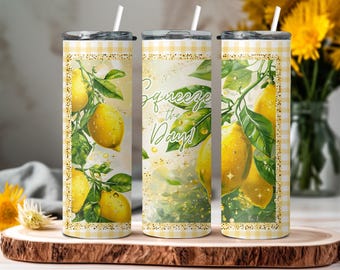 Squeeze the Day Lemon Fruit Skinny Tumbler, Summer Beach Eco-Friendly Drinkware, Yellow Citrus cup,Gifts for Lemon Lovers,tumbler with straw