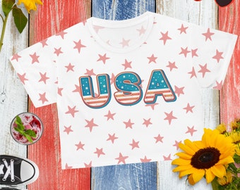 Top corto del 4 luglio, top patriottico USA America, maglietta 4 luglio da donna, top corto USA, vestito carino del 4 luglio, stelle e strisce, AOP