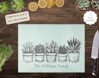 Glass Cutting Board Succulent Design, Personalized Glass Charcuterie Board, Custom Name Housewarming Realtor Couples Wedding Gift