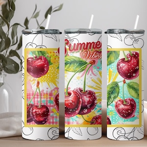 Summer Vibes Cherry Fruit Skinny Tumbler with Straw, Travel Mugs, Summer Drinkware, Cherry lover gift, Beach days cup, Iced coffee cup