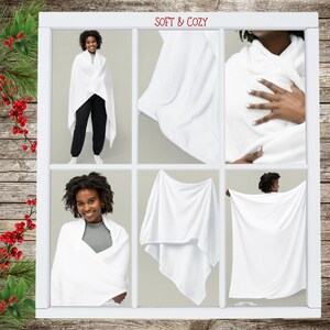 May include: A white soft and cozy blanket is shown in four different ways. The blanket is folded, draped over a chair, and wrapped around a person. The text "Soft & Cozy" is displayed at the top of the image.