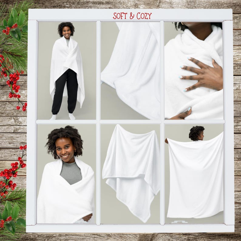May include: A white soft and cozy blanket is shown in four different ways. The blanket is folded, draped over a chair, and wrapped around a person. The text "Soft & Cozy" is displayed at the top of the image.