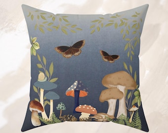 Nature Cottage Core Mushroom and Moth Throw Pillow, Botanical Decor, Cozy Home Accent, Woodland Greenery Theme Cushion, Housewarming Gift
