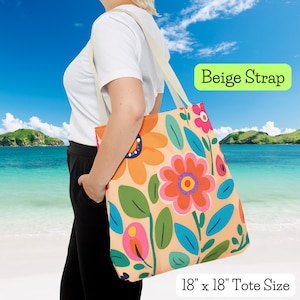Floral Tote Bag (AOP), Bright Flower Reusable Bag, Library Book Bag, Beach Bag, Farmer&#39;s Market Bag, Overnight Bag, Picnic Bag, Durable Tote