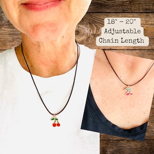 Cherry Charm Cord Necklace, 18&quot;-20&quot; Adjustable,Cherry Vibes Summer Jewelry, Cute Cherry accessory,Fruit Necklace,Cherry Jewelry,Gift for her