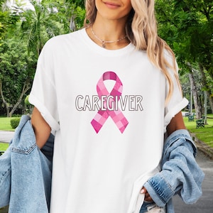 Pink Ribbon Caregiver T-Shirt | Breast Cancer Awareness Tee | Patch work design Pink Ribbon | Gift for Caregivers, Comfort Colors T-shirt
