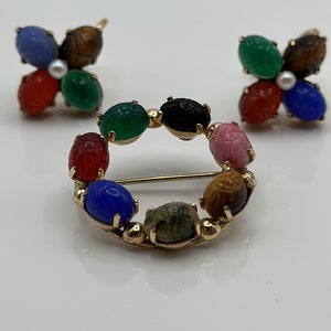 Vintage Art Nouveau Brooch and earrings Gold Plated Colorful Scarab Design
