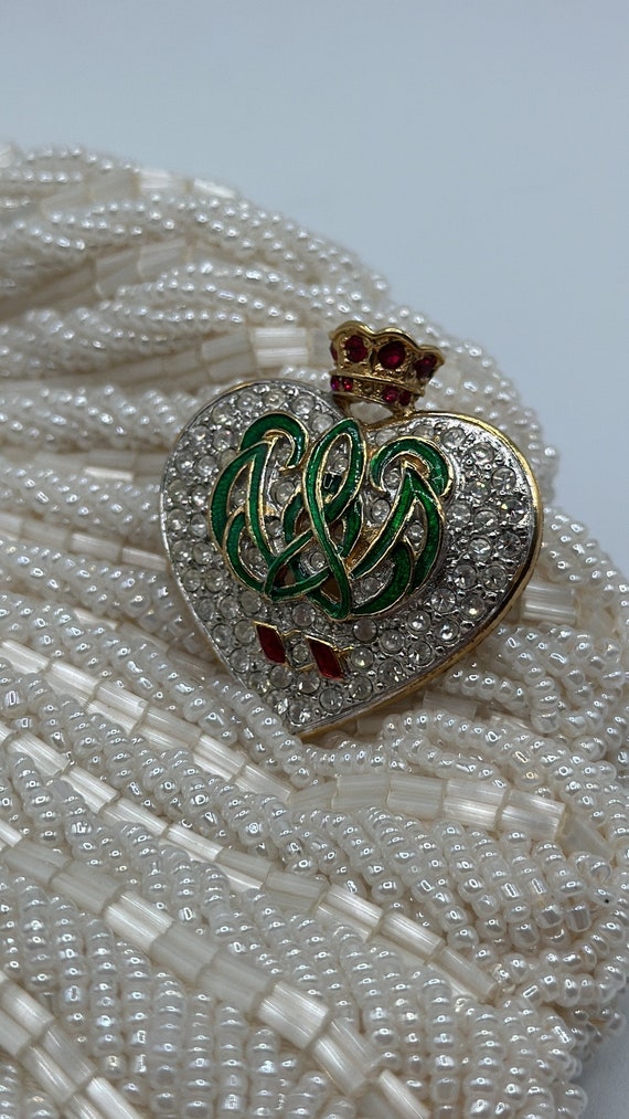 Vintage Rhinestone Enamel Heart With Crown Brooch
