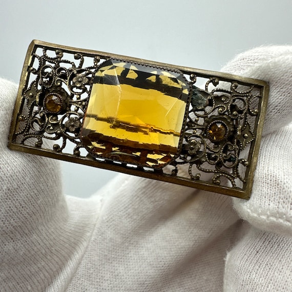 Antique Edwardian Brass Faceted Amber Glass Leaf B