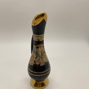 Vintage Miniature Vase Black with 24k Gold Trim Made in Greece
