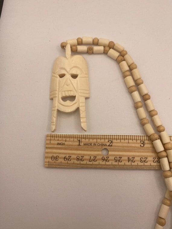 Hand Carved Bone Bead Tiki mask Necklace Vintage - image 2