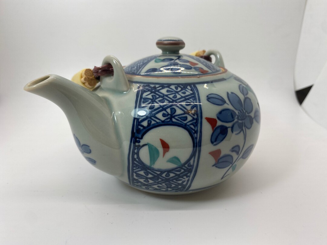 Japanese Pottery Tea Kettle Kyusu Vintage Sencha Handle Lidded Leaf 300