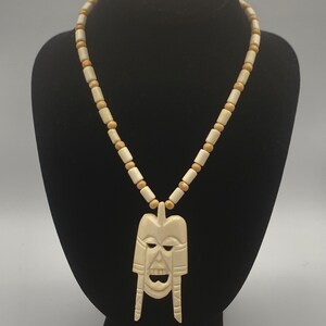 Hand Carved Bone Bead Tiki mask Necklace Vintage