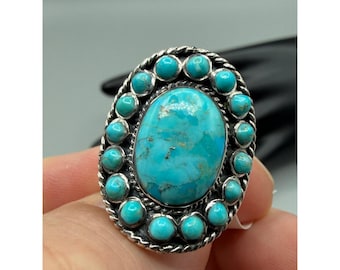Vintage Sterling Silver Turquoise Cluster Ring Native American Zuni Style #1137