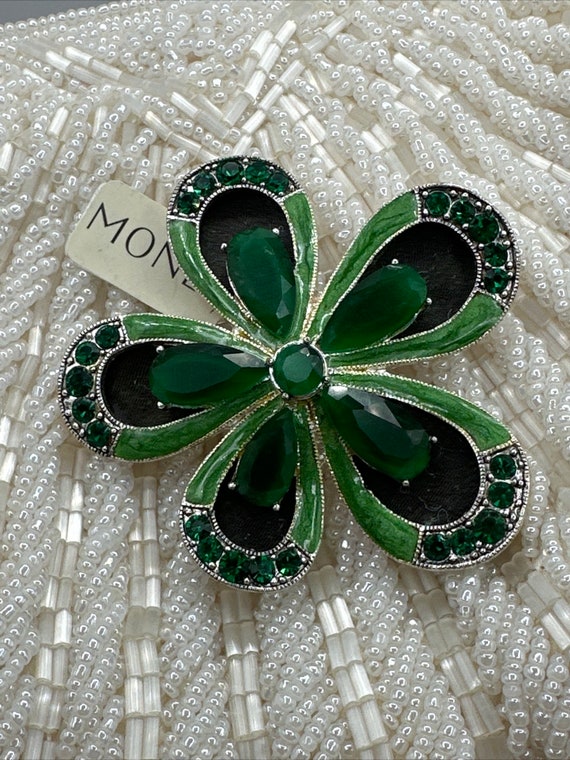 Amazing vintage monet enamel green flower brooch #