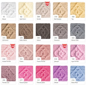 May include: A color chart of yarn samples with different shades of pink, beige, brown, gray, and blue. The yarn is a chunky knit with a cable stitch pattern. The chart includes numbers and names for each color.