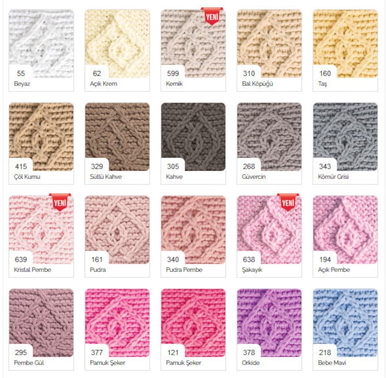 May include: A color chart of yarn samples with different shades of pink, beige, brown, gray, and blue. The yarn is a chunky knit with a cable stitch pattern. The chart includes numbers and names for each color.