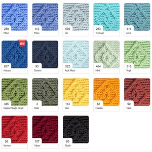 May include: A color chart of yarn samples in various colors, including blue, green, red, yellow, and gray. Each sample is labeled with a number and a color name in Turkish.