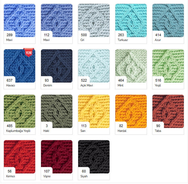 May include: A color chart of yarn samples in various colors, including blue, green, red, yellow, and gray. Each sample is labeled with a number and a color name in Turkish.