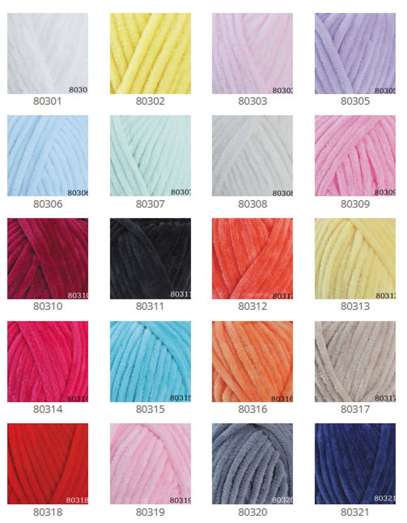 May include: A collection of 21 yarn skeins in various colors, including white, yellow, pink, lavender, light blue, mint green, red, black, orange, beige, coral, turquoise, gray, and blue. Each skein is labeled with a number.