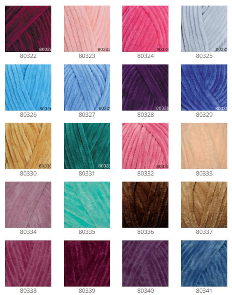 May include: A color chart of 16 different shades of yarn. The yarn is a soft, fuzzy texture. The colors include red, pink, blue, green, brown, and purple.