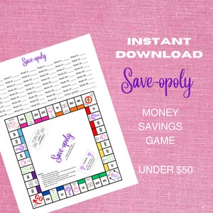 Puede incluir: Un juego de mesa imprimible Save-opoly con un tablero de juego colorido e instrucciones. El juego está diseñado para ayudar a las personas a ahorrar dinero por debajo de los 50 €.