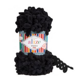 May include: A skein of black Alize Puffy Fine yarn. The yarn is a soft, fluffy texture and is perfect for crocheting or knitting.