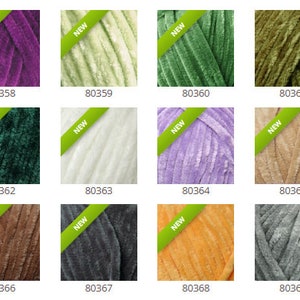 May include: A collection of 12 yarn skeins in various colors, including purple, green, beige, and gray. Each skein has a "NEW" label.