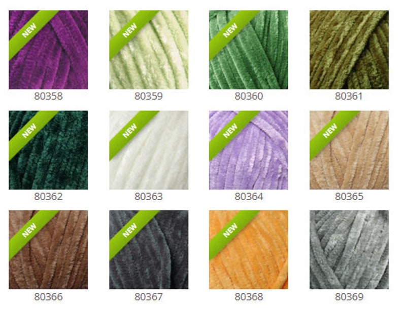 May include: A collection of 12 yarn skeins in various colors, including purple, green, beige, and gray. Each skein has a "NEW" label.