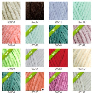 May include: A collection of 16 yarn skeins in various colors, including white, brown, light blue, green, pink, red, and gray. The yarn is a soft, fuzzy texture. The skeins are arranged in a grid pattern. The numbers 80342 through 80357 are printed below each skein.
