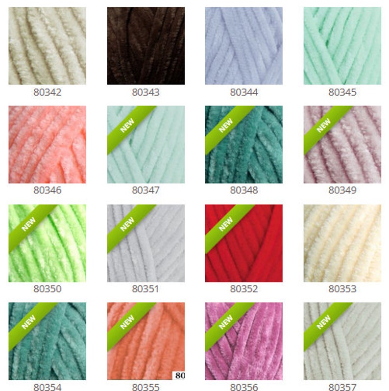 May include: A collection of 16 yarn skeins in various colors, including white, brown, light blue, green, pink, red, and gray. The yarn is a soft, fuzzy texture. The skeins are arranged in a grid pattern. The numbers 80342 through 80357 are printed below each skein.