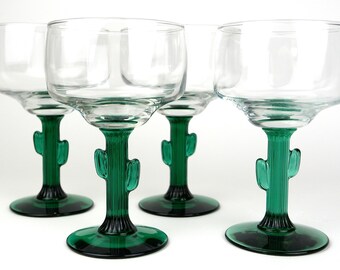 Vintage Libbey Cactus Stem Margarita Glasses Set (2 or 4) Green Saguaro Barware