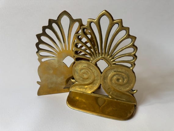 Vintage Solid Brass Bookends, Classical Anthemion Palmette Design, Heavy Architectural Shell