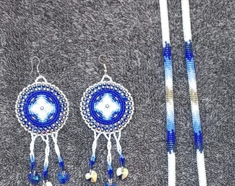 Conjunto de collar y pendientes de cuerda con cuentas, hecho por nativos americanos.