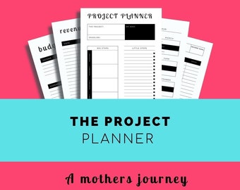 May include: A pink and blue graphic with the text "THE PROJECT PLANNER" in black. The text "A mothers journey to entrepreneurship" is also in black. The text "The Mompreneur Shop & Co" is in black. The image also includes a black and white planner with the text "PROJECT PLANNER" at the top.