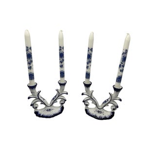 Blue and White Porcelain Double Candlestick, Set of 2, Made in Portugal w/Tapers