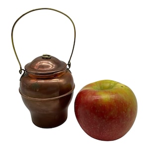 May include: A small, antique copper pot with a lid and a brass handle. The pot is next to a red and yellow apple. The pot has a rounded body and a cylindrical base. The apple is a mix of red and yellow.