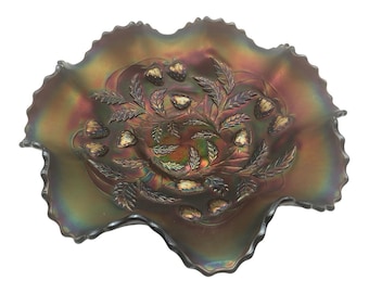 Fenton Vtg Northwood Iridescent Amethyst Strawberry Pattern Ruffled Edge BOWL